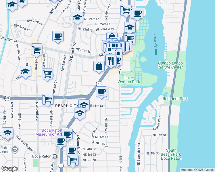 map of restaurants, bars, coffee shops, grocery stores, and more near 1405 Northeast 4th Avenue in Boca Raton