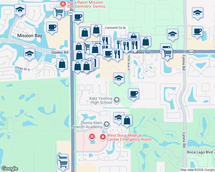 map of restaurants, bars, coffee shops, grocery stores, and more near 9712 Palma Vista Way in Boca Raton