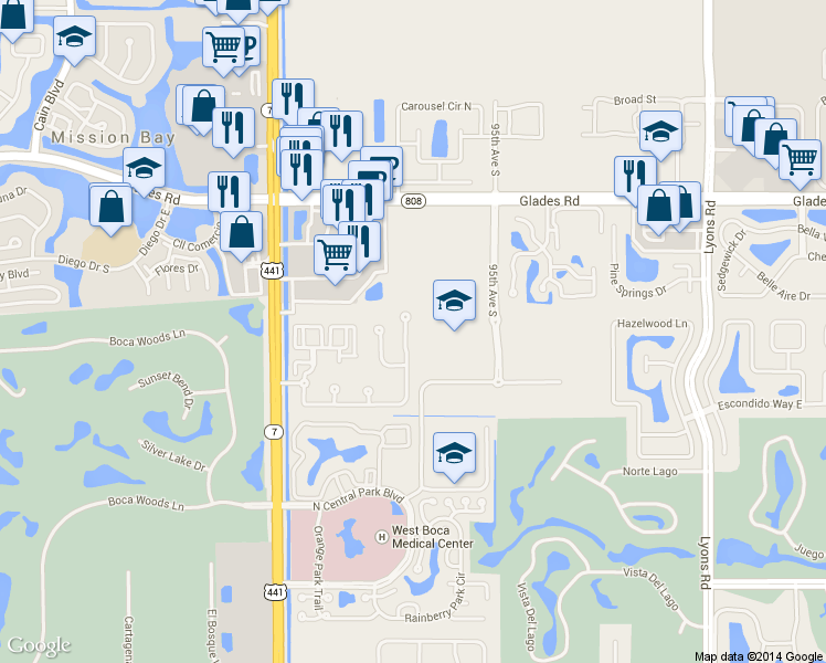 map of restaurants, bars, coffee shops, grocery stores, and more near 9694 Palma Vista Way in Boca Raton