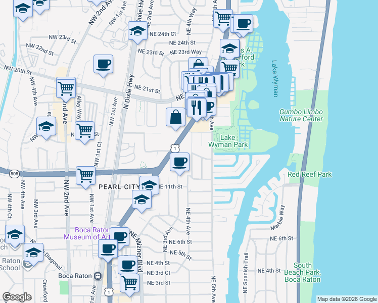 map of restaurants, bars, coffee shops, grocery stores, and more near 1475 Northeast 4th Court in Boca Raton