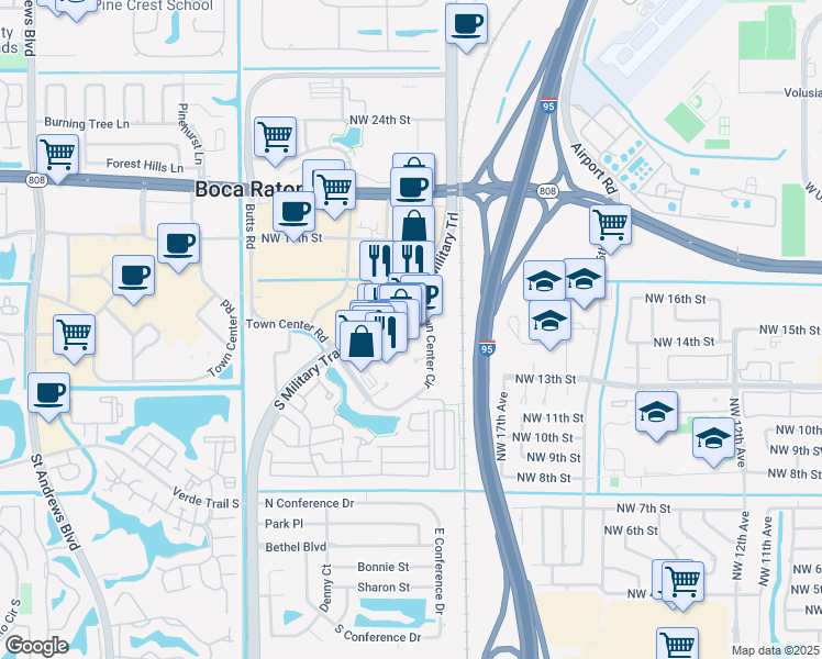 map of restaurants, bars, coffee shops, grocery stores, and more near 5050 Town Center Circle in Boca Raton