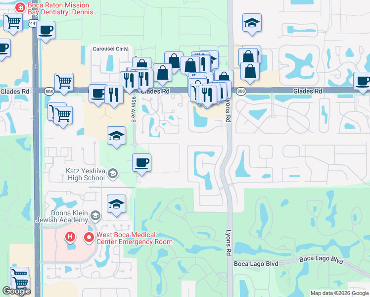 map of restaurants, bars, coffee shops, grocery stores, and more near 21214 White Oak Avenue in Boca Raton