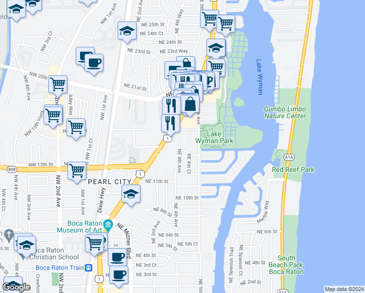 map of restaurants, bars, coffee shops, grocery stores, and more near 1400 Northeast 4th Avenue in Boca Raton