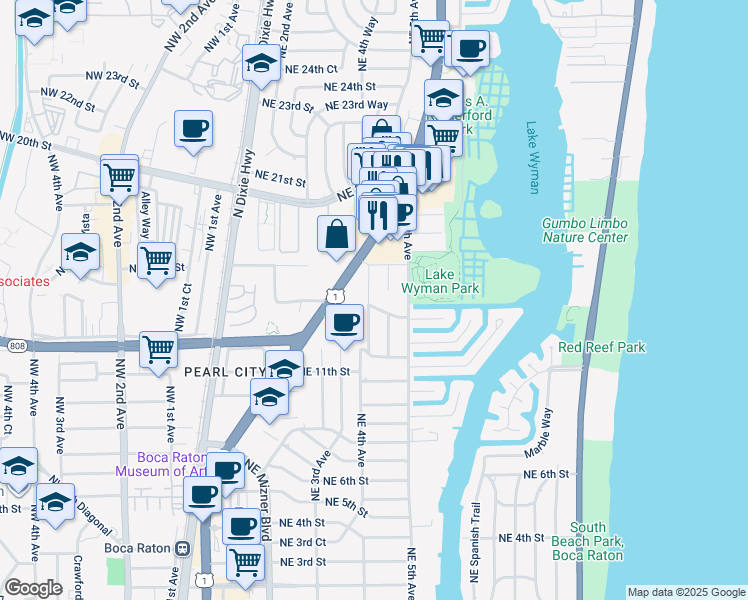 map of restaurants, bars, coffee shops, grocery stores, and more near 1400 Northeast 4th Avenue in Boca Raton