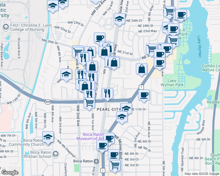map of restaurants, bars, coffee shops, grocery stores, and more near 100 Northeast 15th Terrace in Boca Raton