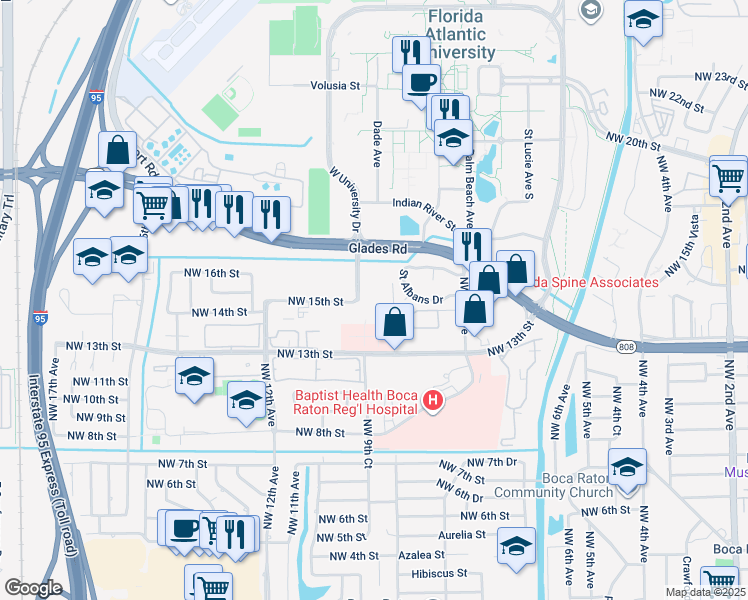 map of restaurants, bars, coffee shops, grocery stores, and more near 950 Florida 808 in Boca Raton