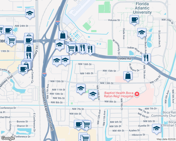 map of restaurants, bars, coffee shops, grocery stores, and more near 1500 Northwest 12th Terrace in Boca Raton