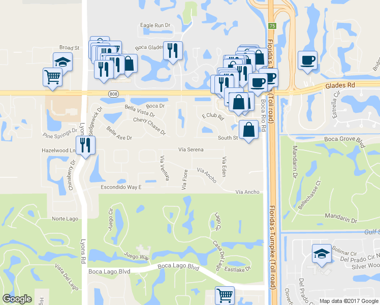 map of restaurants, bars, coffee shops, grocery stores, and more near 8446 Vía Serena in Boca Raton