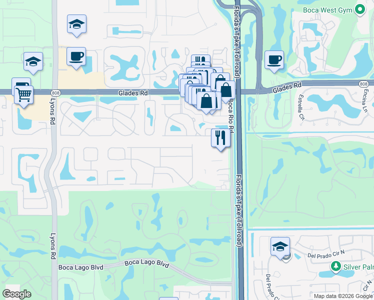 map of restaurants, bars, coffee shops, grocery stores, and more near 8284 Vía Serena in Boca Raton