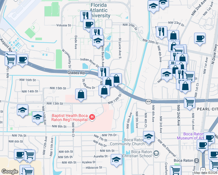 map of restaurants, bars, coffee shops, grocery stores, and more near 670 Glades Road in Boca Raton