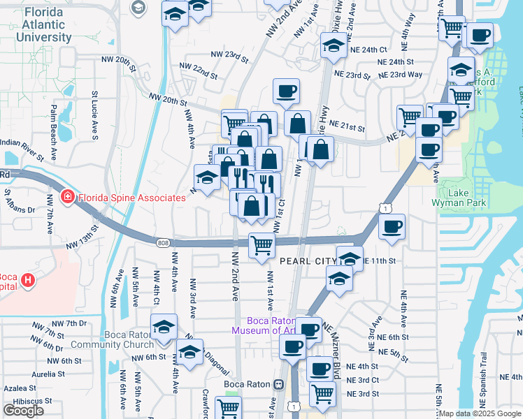 map of restaurants, bars, coffee shops, grocery stores, and more near 134 Northwest 16th Street in Boca Raton