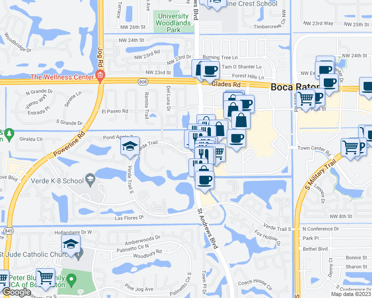 map of restaurants, bars, coffee shops, grocery stores, and more near 6152 North Verde Trail in Boca Raton