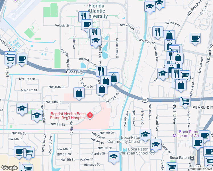 map of restaurants, bars, coffee shops, grocery stores, and more near 670 Glades Road in Boca Raton