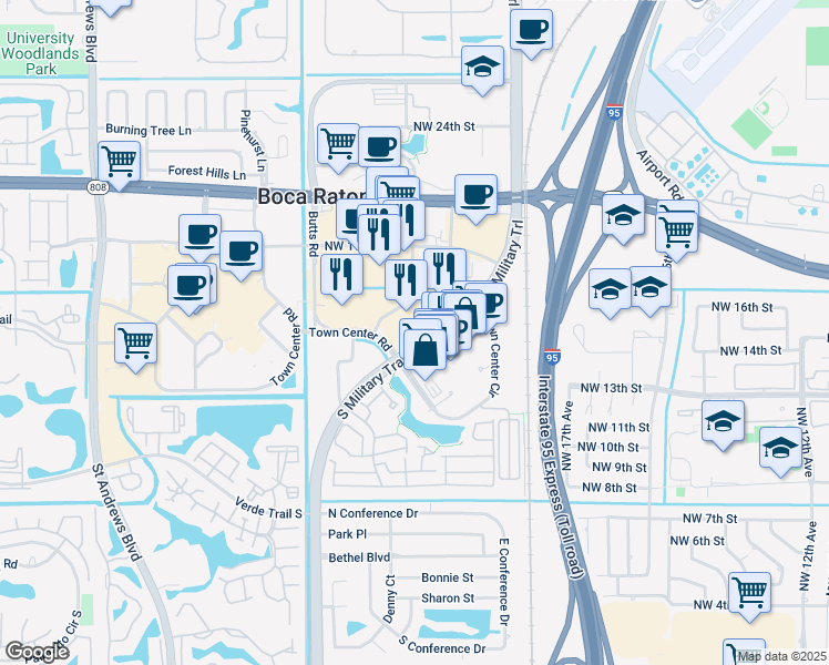 map of restaurants, bars, coffee shops, grocery stores, and more near 21046 Commercial Trail in Boca Raton