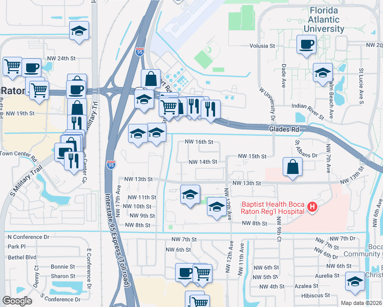 map of restaurants, bars, coffee shops, grocery stores, and more near 1561 Northwest 13th Avenue in Boca Raton