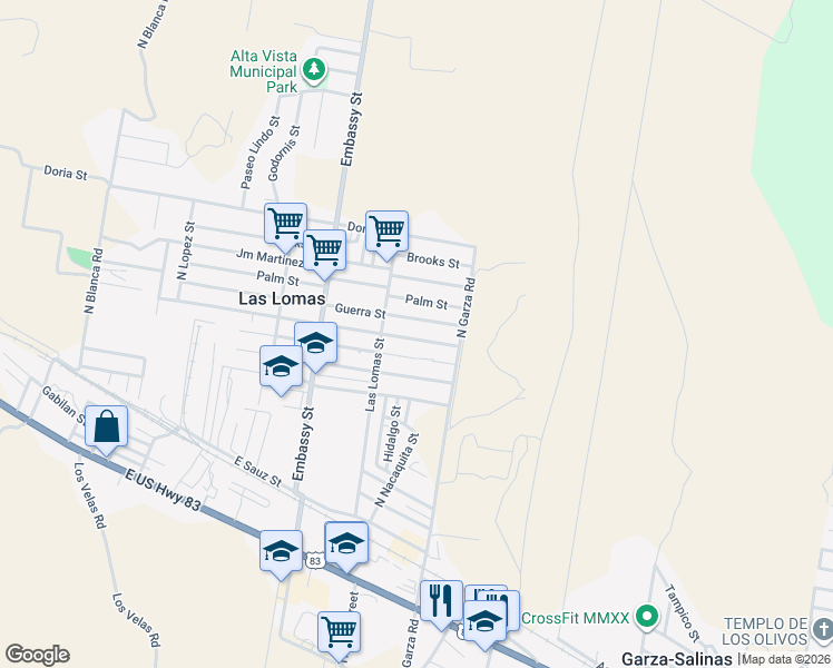 map of restaurants, bars, coffee shops, grocery stores, and more near 5416 Guerra Street in Rio Grande City