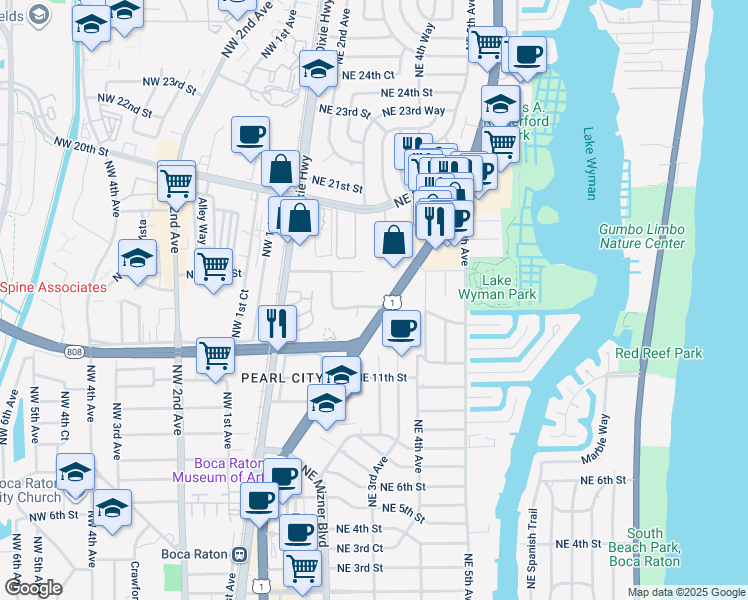 map of restaurants, bars, coffee shops, grocery stores, and more near 269 Northeast 14th Street in Boca Raton