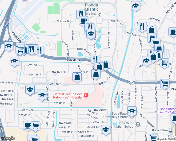 map of restaurants, bars, coffee shops, grocery stores, and more near 766 Saint Albans Drive in Boca Raton