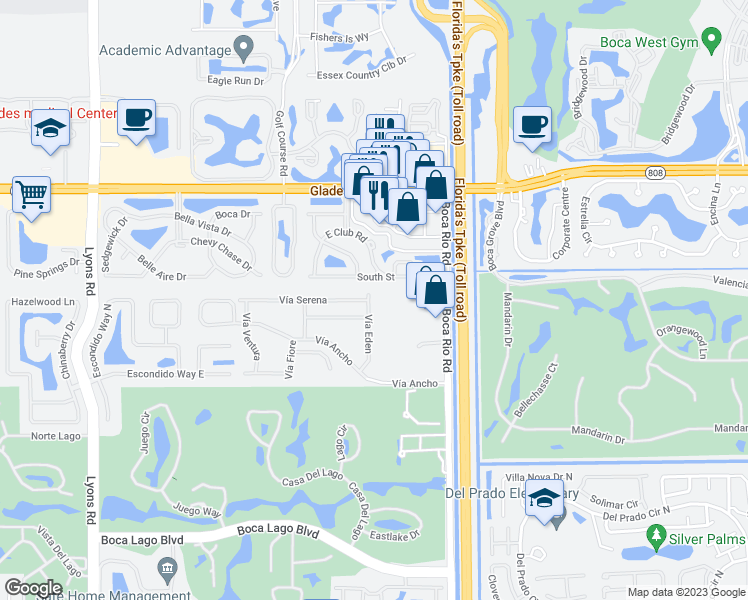 map of restaurants, bars, coffee shops, grocery stores, and more near 21024 Vía Eden in Boca Raton