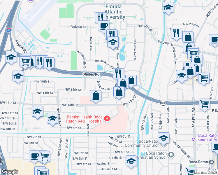 map of restaurants, bars, coffee shops, grocery stores, and more near 766 Saint Albans Drive in Boca Raton