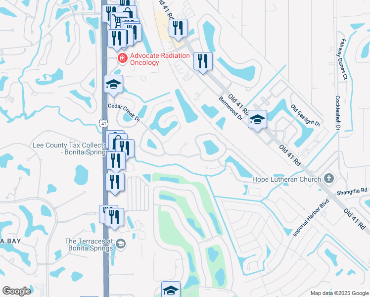 map of restaurants, bars, coffee shops, grocery stores, and more near 25660 Streamlet Court in Bonita Springs