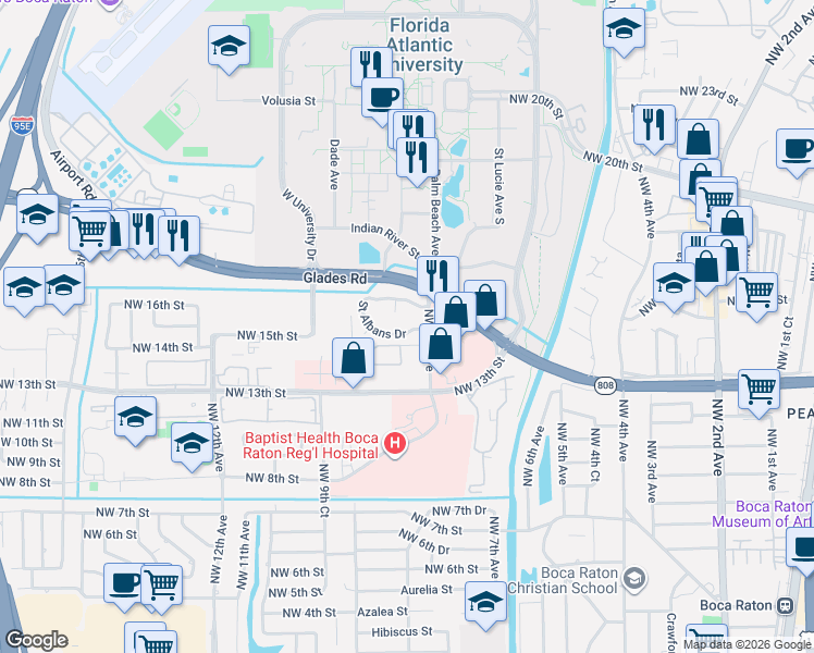 map of restaurants, bars, coffee shops, grocery stores, and more near 766 Saint Albans Drive in Boca Raton