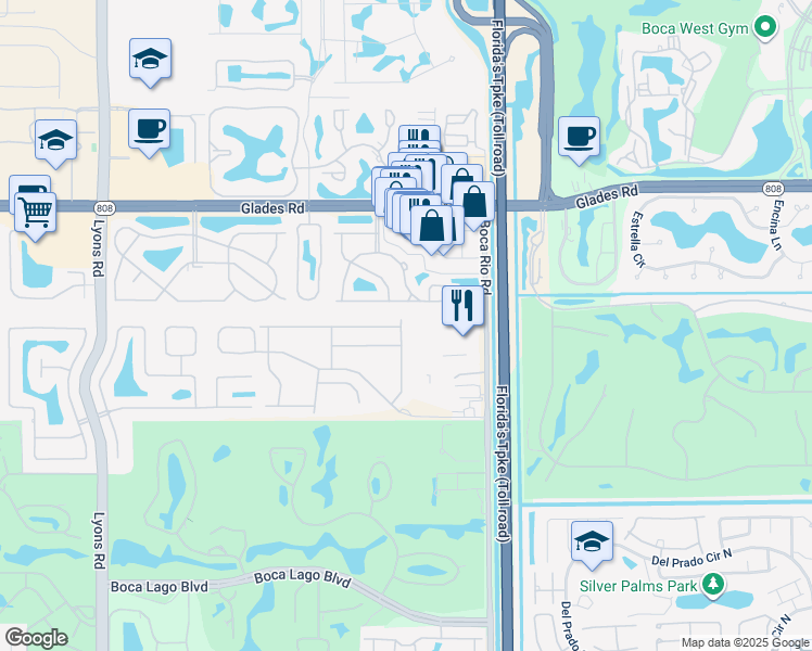 map of restaurants, bars, coffee shops, grocery stores, and more near 8265 Vía Serena in Boca Raton