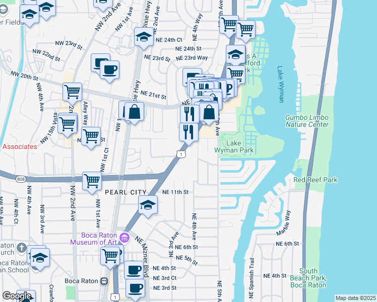 map of restaurants, bars, coffee shops, grocery stores, and more near 1450 North Federal Highway in Boca Raton