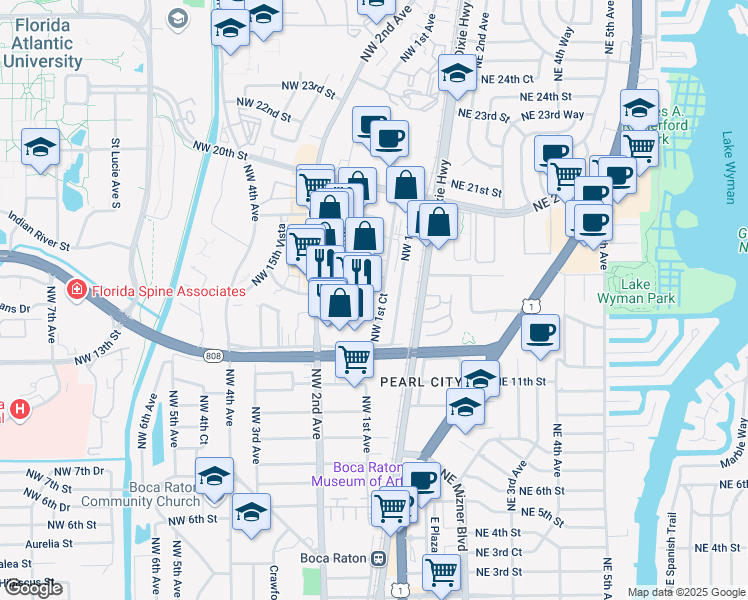 map of restaurants, bars, coffee shops, grocery stores, and more near 134 Northwest 16th Street in Boca Raton