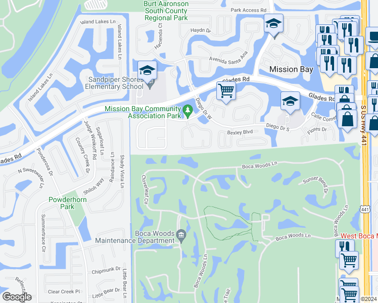 map of restaurants, bars, coffee shops, grocery stores, and more near 10940 La Salinas Circle in Boca Raton