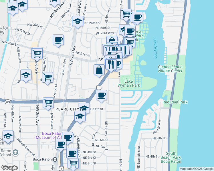 map of restaurants, bars, coffee shops, grocery stores, and more near 1475 Northeast 4th Court in Boca Raton