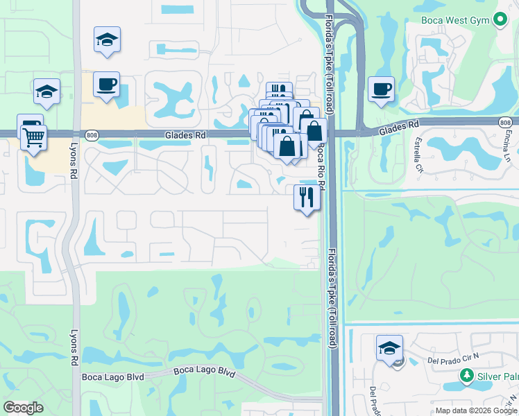 map of restaurants, bars, coffee shops, grocery stores, and more near 8265 Vía Serena in Boca Raton