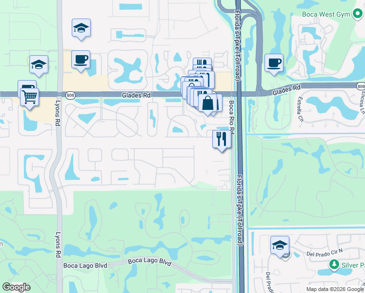 map of restaurants, bars, coffee shops, grocery stores, and more near 8379 Vía Serena in Boca Raton
