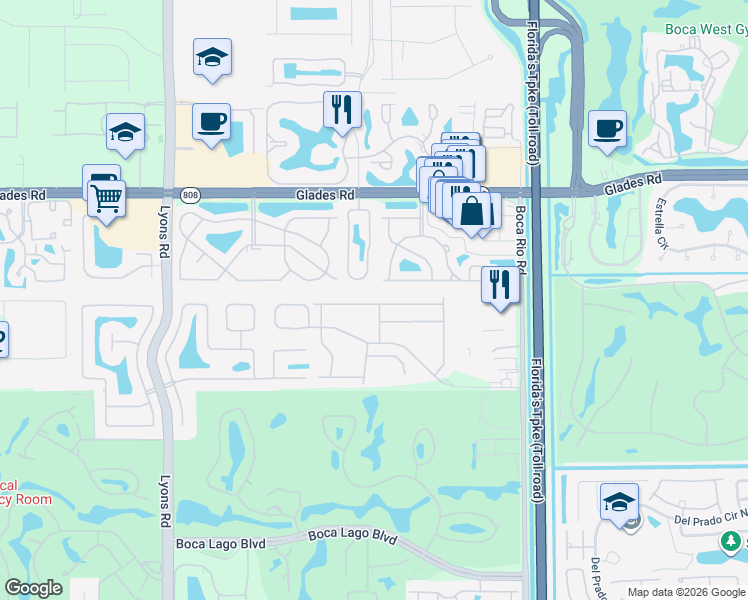 map of restaurants, bars, coffee shops, grocery stores, and more near 8463 Vía Serena in Boca Raton