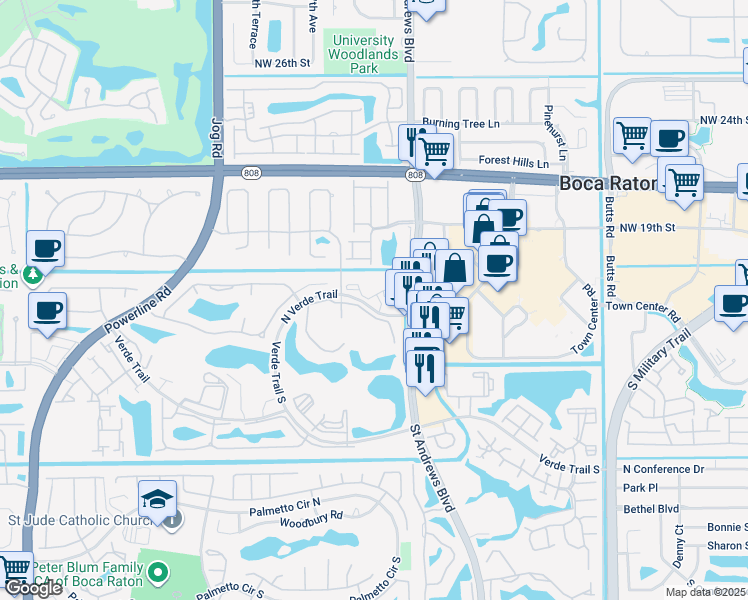 map of restaurants, bars, coffee shops, grocery stores, and more near 6097 Town Colony Drive in Boca Raton