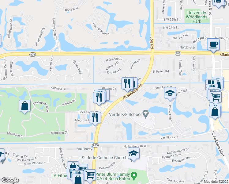 map of restaurants, bars, coffee shops, grocery stores, and more near Giralda Circle in Boca Raton