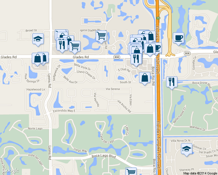 map of restaurants, bars, coffee shops, grocery stores, and more near 8463 Vía Serena in Boca Raton