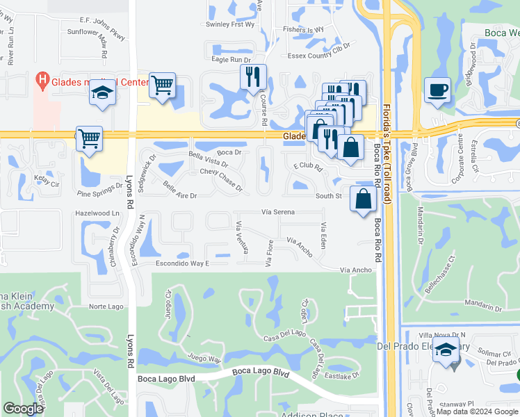 map of restaurants, bars, coffee shops, grocery stores, and more near 8505 Vía Serena in Boca Raton