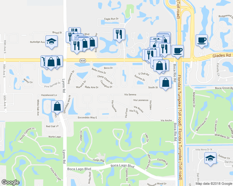 map of restaurants, bars, coffee shops, grocery stores, and more near 8553 Vía Serena in Boca Raton