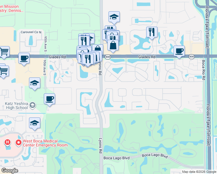 map of restaurants, bars, coffee shops, grocery stores, and more near 21039 Escondido Way North in Boca Raton