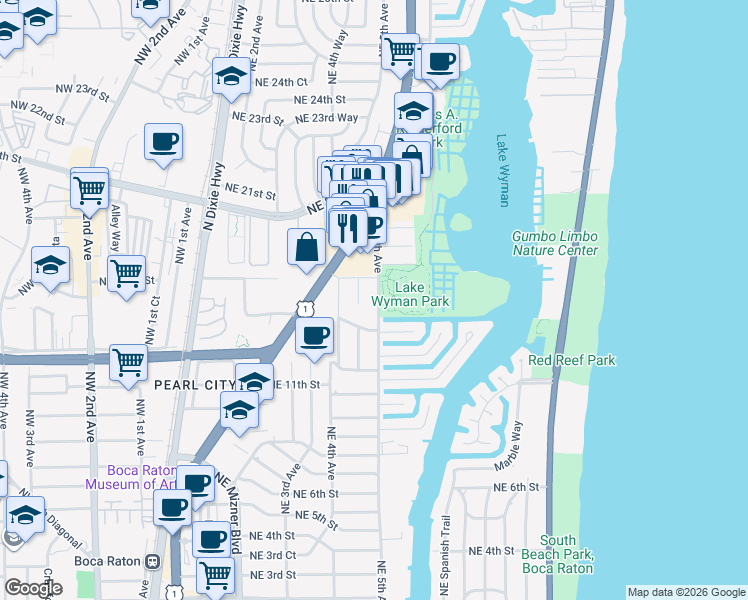 map of restaurants, bars, coffee shops, grocery stores, and more near 1475 Northeast 5th Avenue in Boca Raton