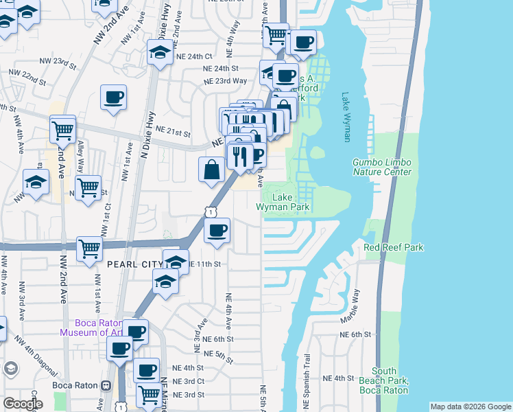 map of restaurants, bars, coffee shops, grocery stores, and more near 1475 Northeast 5th Avenue in Boca Raton