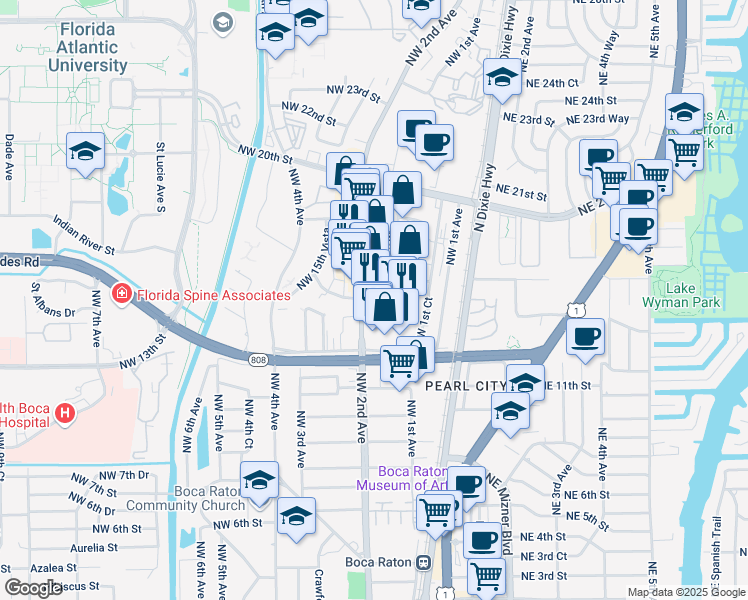 map of restaurants, bars, coffee shops, grocery stores, and more near 170 Northwest 16th Street in Boca Raton