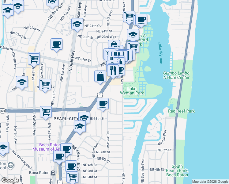 map of restaurants, bars, coffee shops, grocery stores, and more near 1475 Northeast 4th Court in Boca Raton