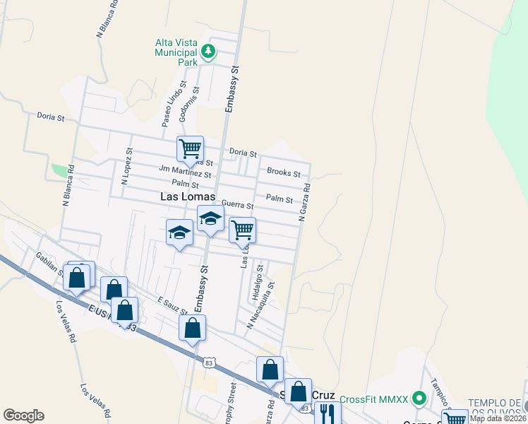 map of restaurants, bars, coffee shops, grocery stores, and more near 5416 Guerra Street in Rio Grande City