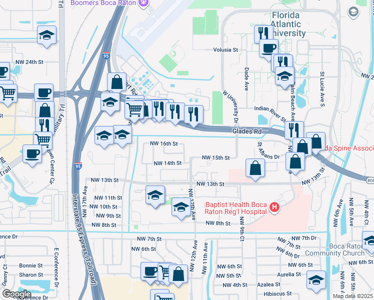 map of restaurants, bars, coffee shops, grocery stores, and more near 1520 Northwest 12th Way in Boca Raton