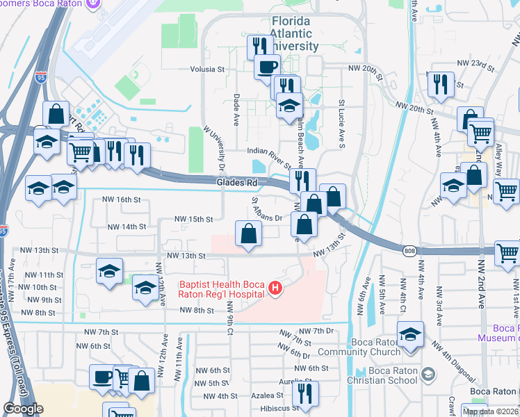 map of restaurants, bars, coffee shops, grocery stores, and more near 738 St Albans Dr in Boca Raton