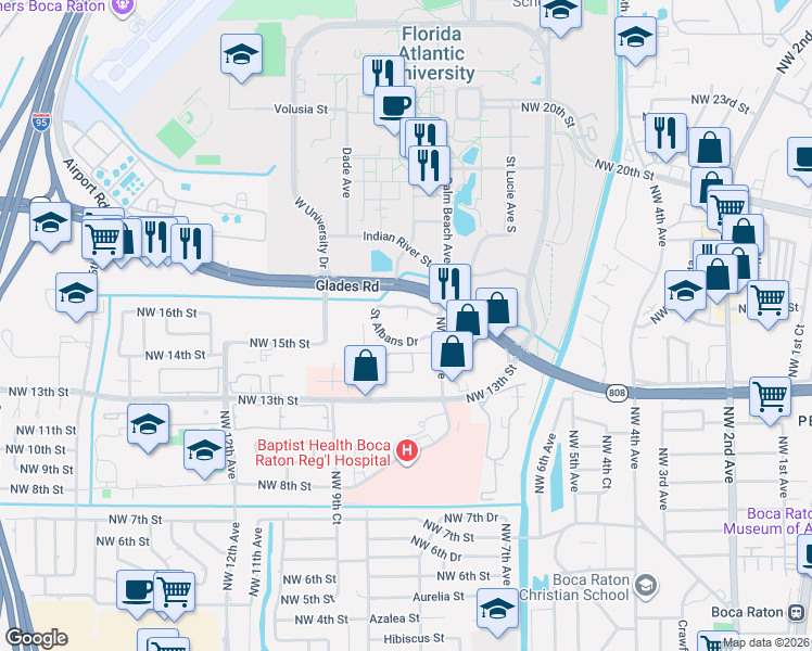 map of restaurants, bars, coffee shops, grocery stores, and more near 766 Saint Albans Drive in Boca Raton