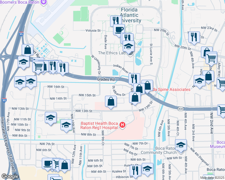 map of restaurants, bars, coffee shops, grocery stores, and more near 753 Saint Albans Drive in Boca Raton