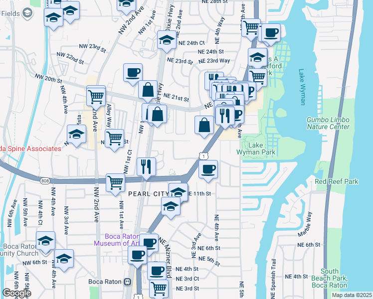 map of restaurants, bars, coffee shops, grocery stores, and more near 269 Northeast 14th Street in Boca Raton
